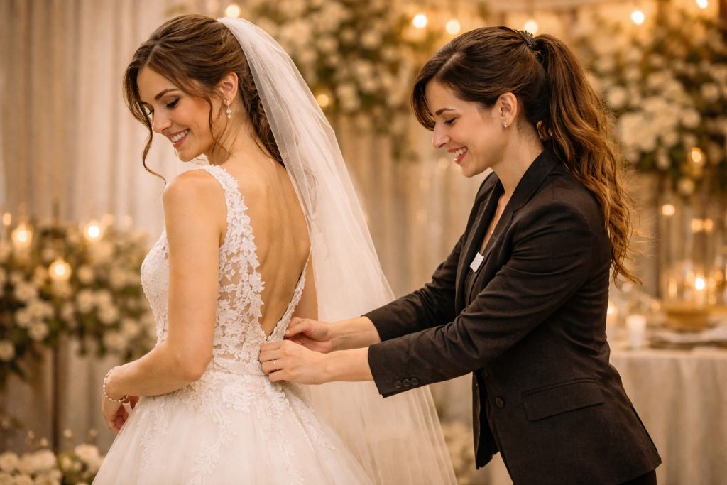 Bride assistant ayudando a novia a vestirse