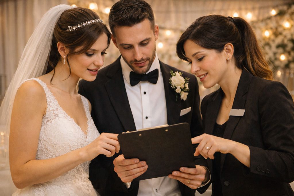 Bride assitant y novios revisando itinerario de la boda